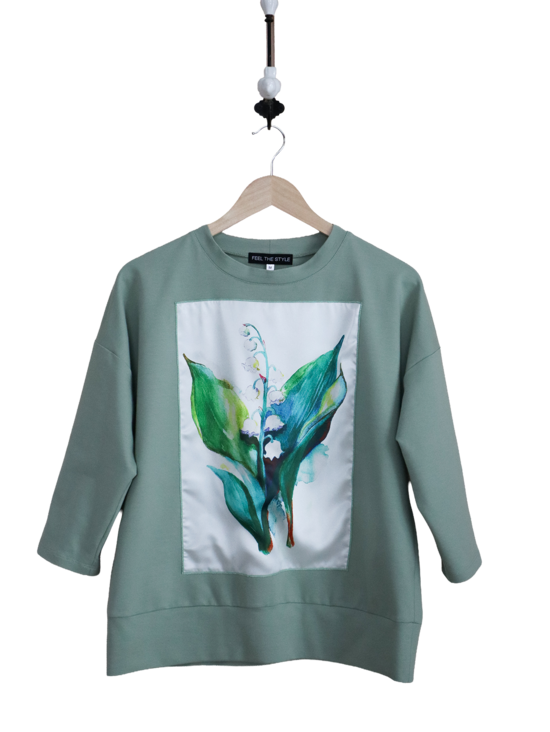 Džemperis salvijas krāsā pusgaras piedurknes ar maijpuķi